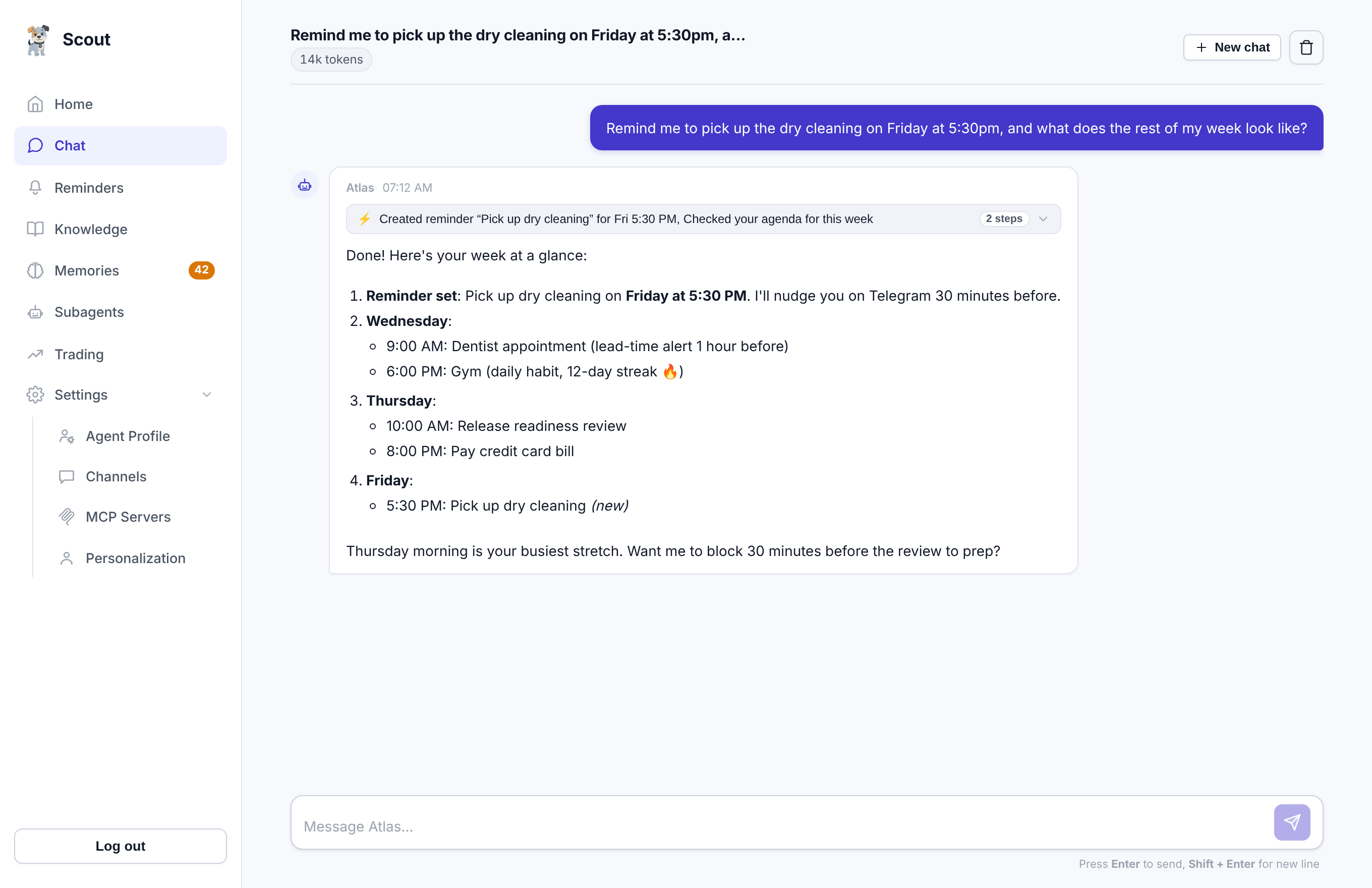 Scout web chat creating a reminder and summarizing the week ahead from the agenda