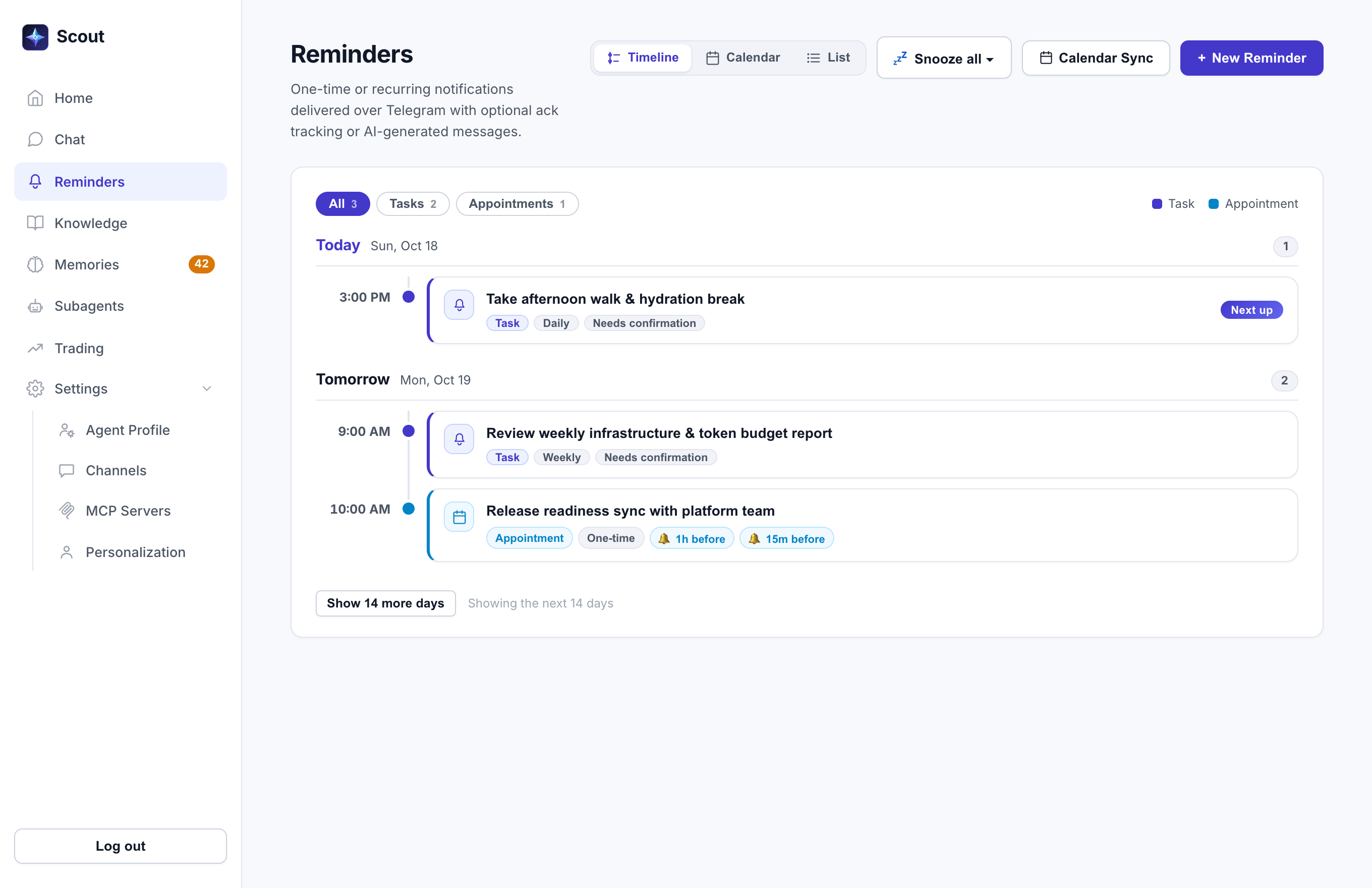 Scout reminders timeline with tasks, appointments and snooze controls