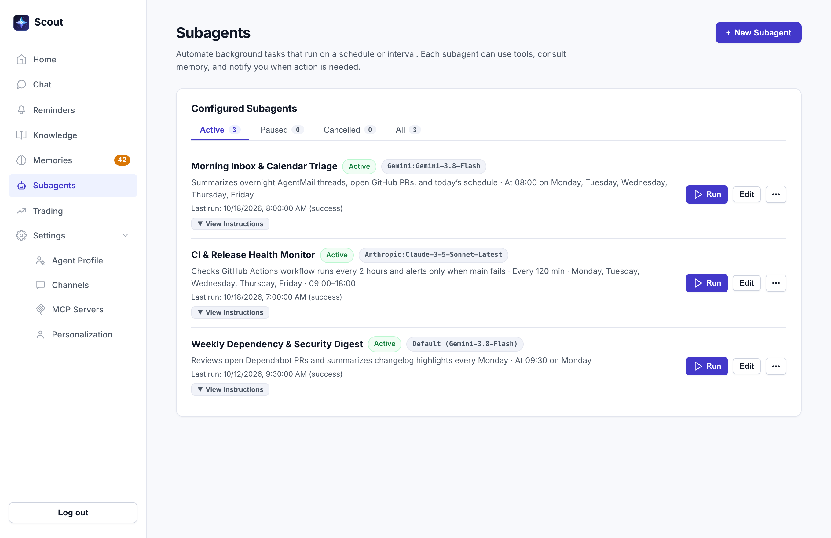 Scout Subagents page listing scheduled background automations with model overrides